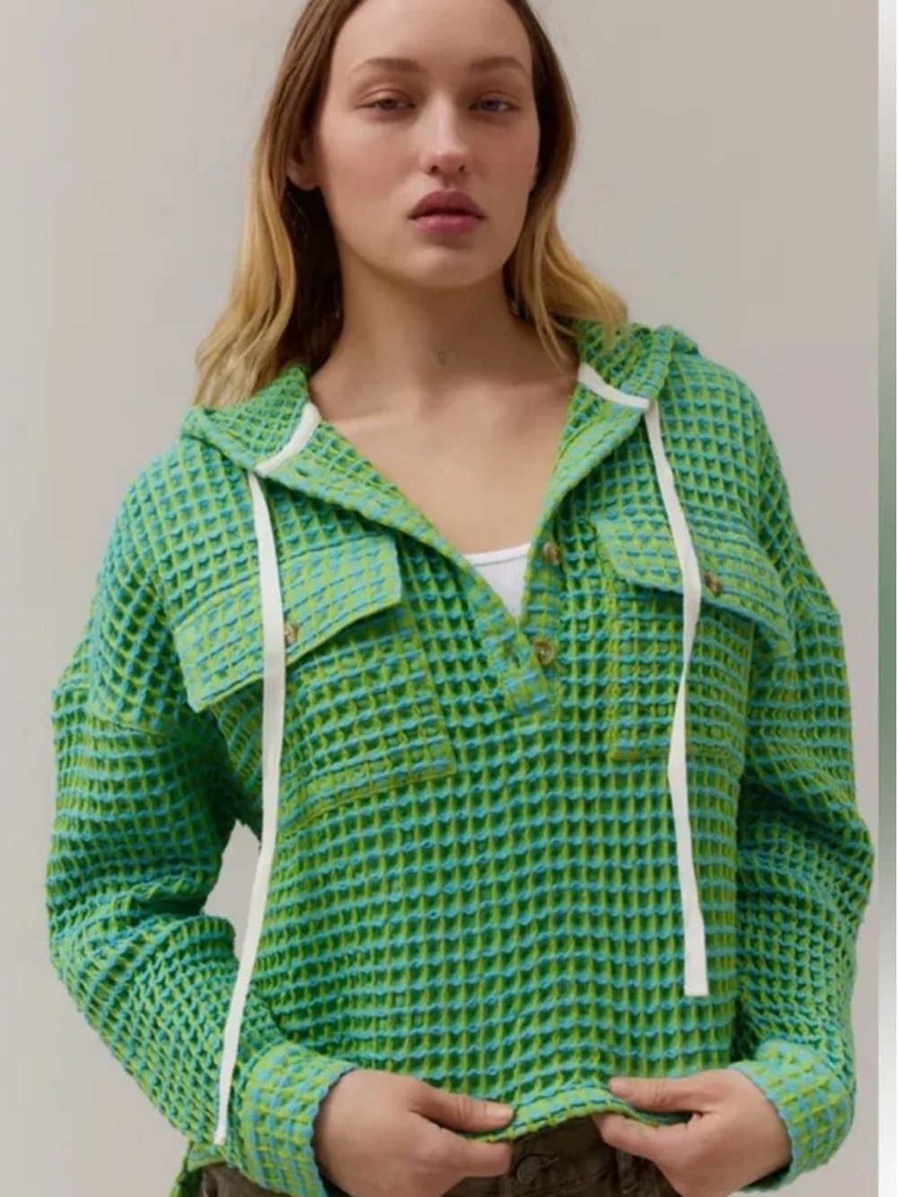 BDG Green Waffle-Knit Hooded Pullover with White Drawstrings